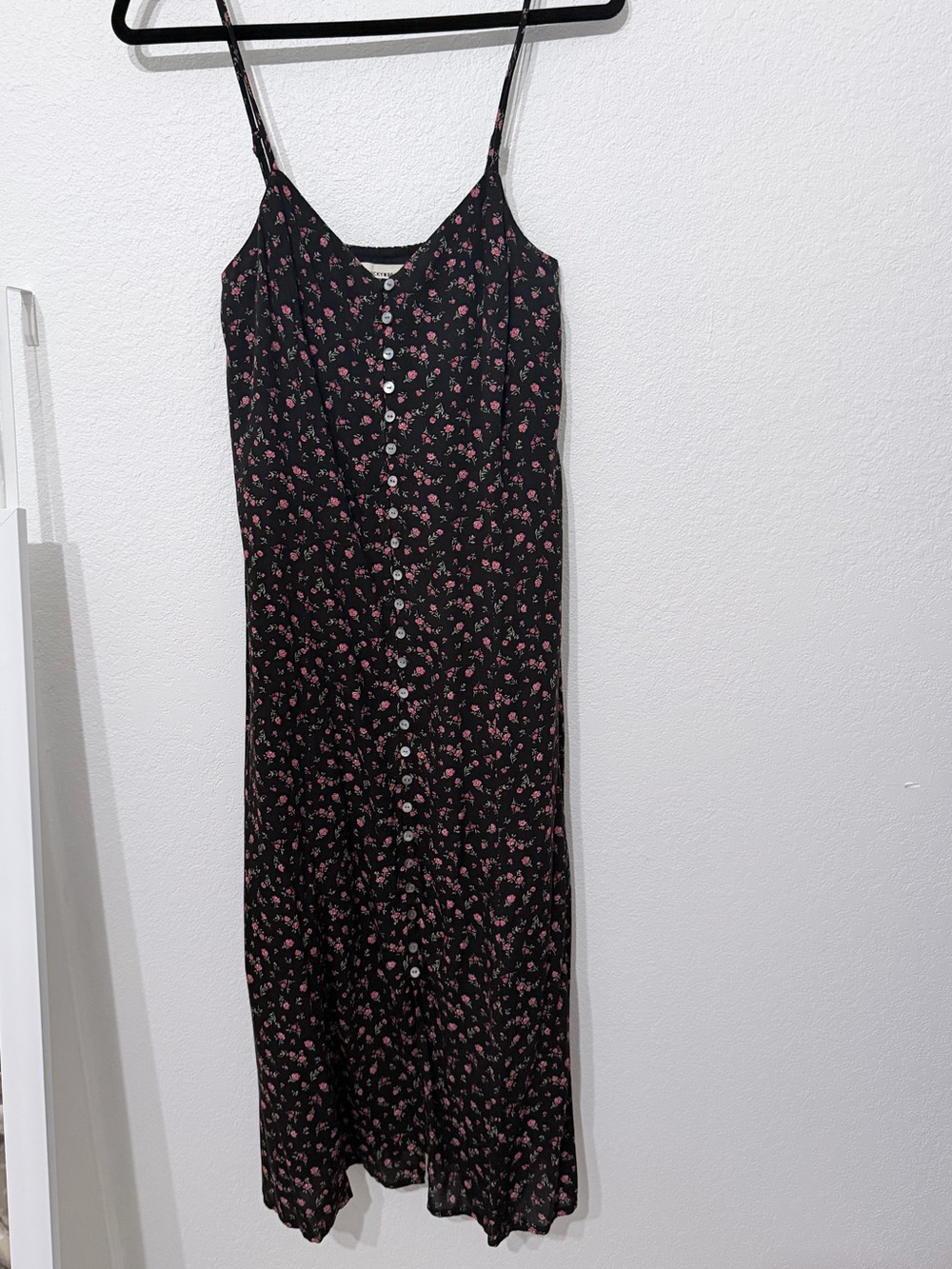Lucky Brand Black Midi Dress with Pink Floral Buttons